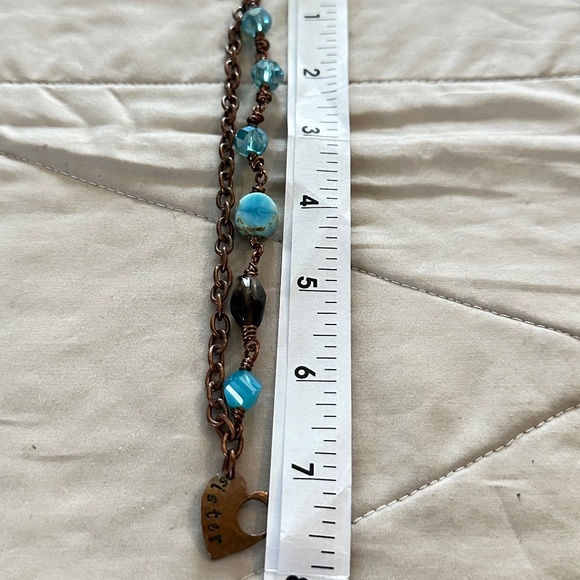 2/$15 Copper Blue & Brown stone/beaded “Sister” bracelet. Heart toggle clasp. - Picture 6 of 16